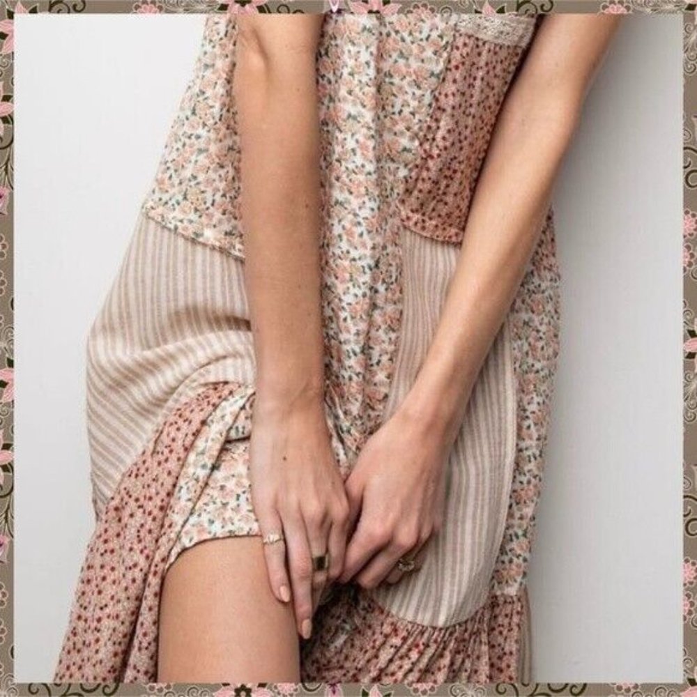 EASEL Mixed Print Adjustable Cross Straps Maxi Dress Lace Edges Relaxed & Flowy - Picture 14 of 15